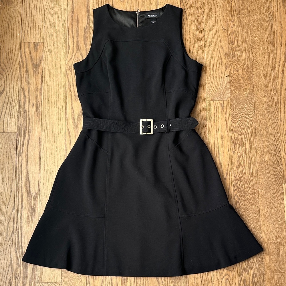White House Black Market Black Sleeveless Belted Flare Dress Size 12